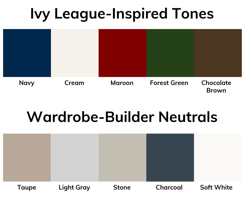 Practical fashion color palette with ivy league-inspired tones (navy, cream, maroon, forest green, chocolate) and wardrobe-builder neutrals (taupe, light gray, stone, charcoal, soft white)